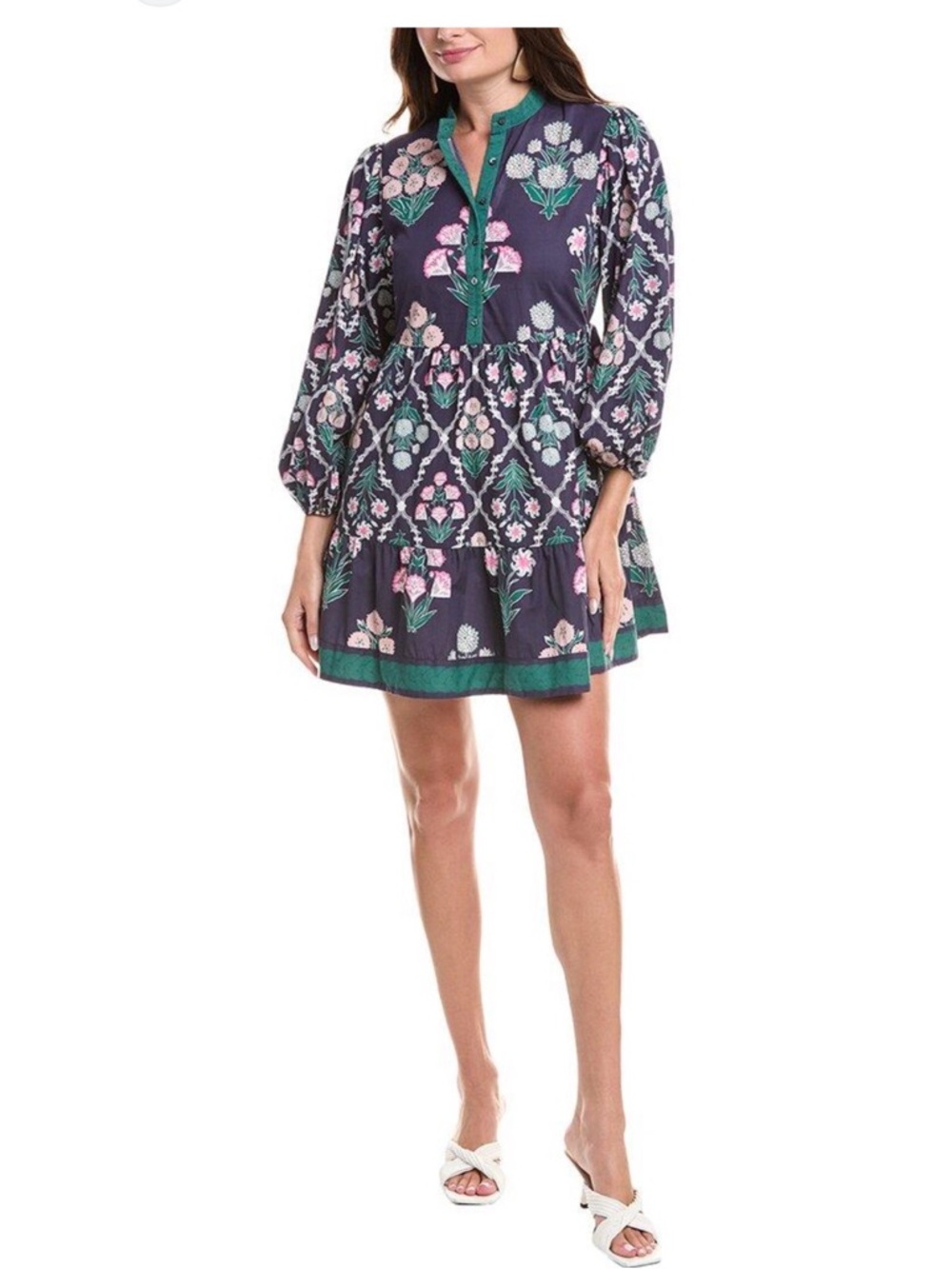 CELINA MOON Navy Floral Mini Dress with Green Trim